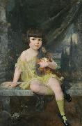 Douglas Volk Young Girl in Yellow Dress Holding her Doll, Spain oil painting reproduction